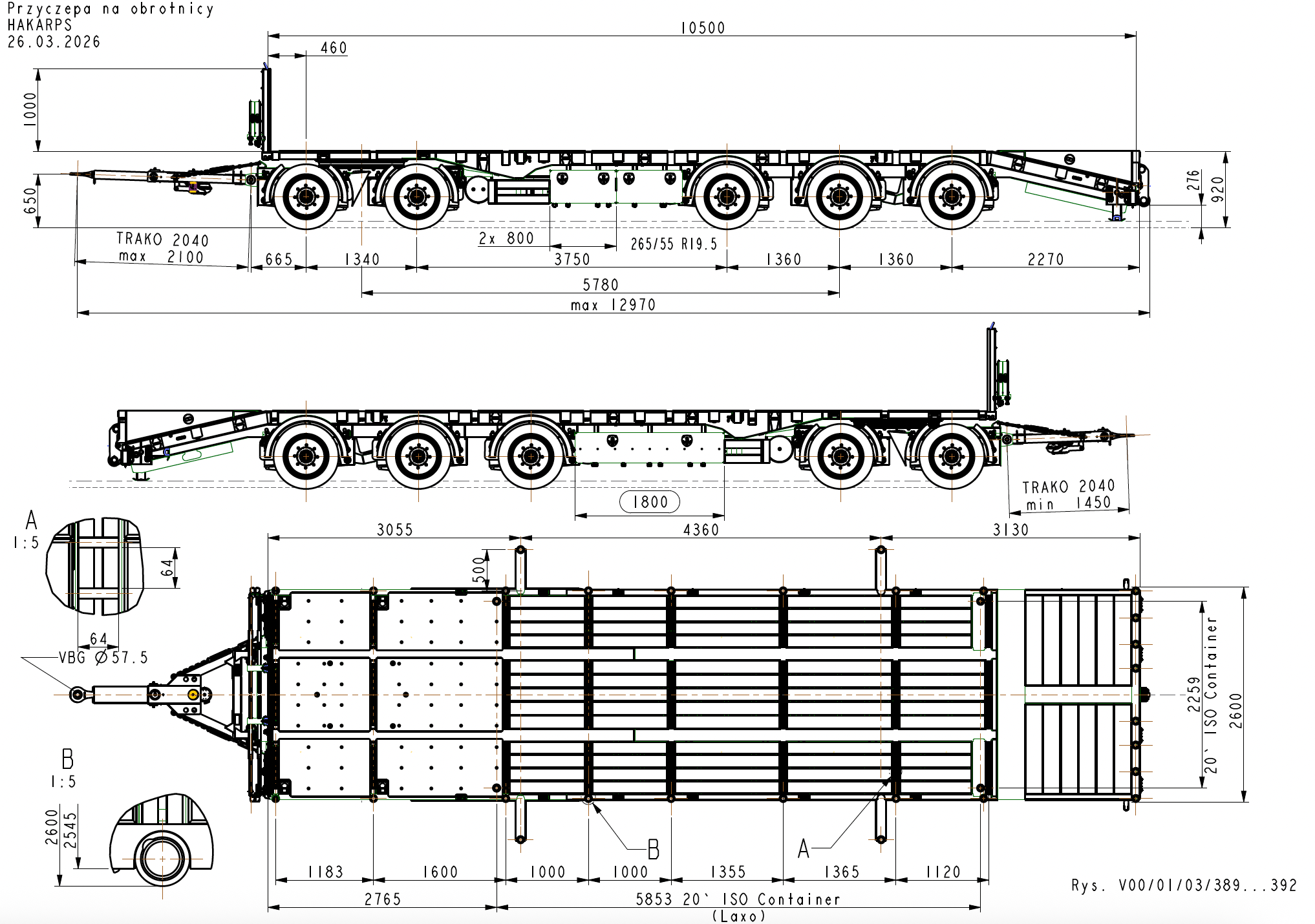 5 axlad 38 tons bodvagn 920mm hög, 10.500mm flakyta